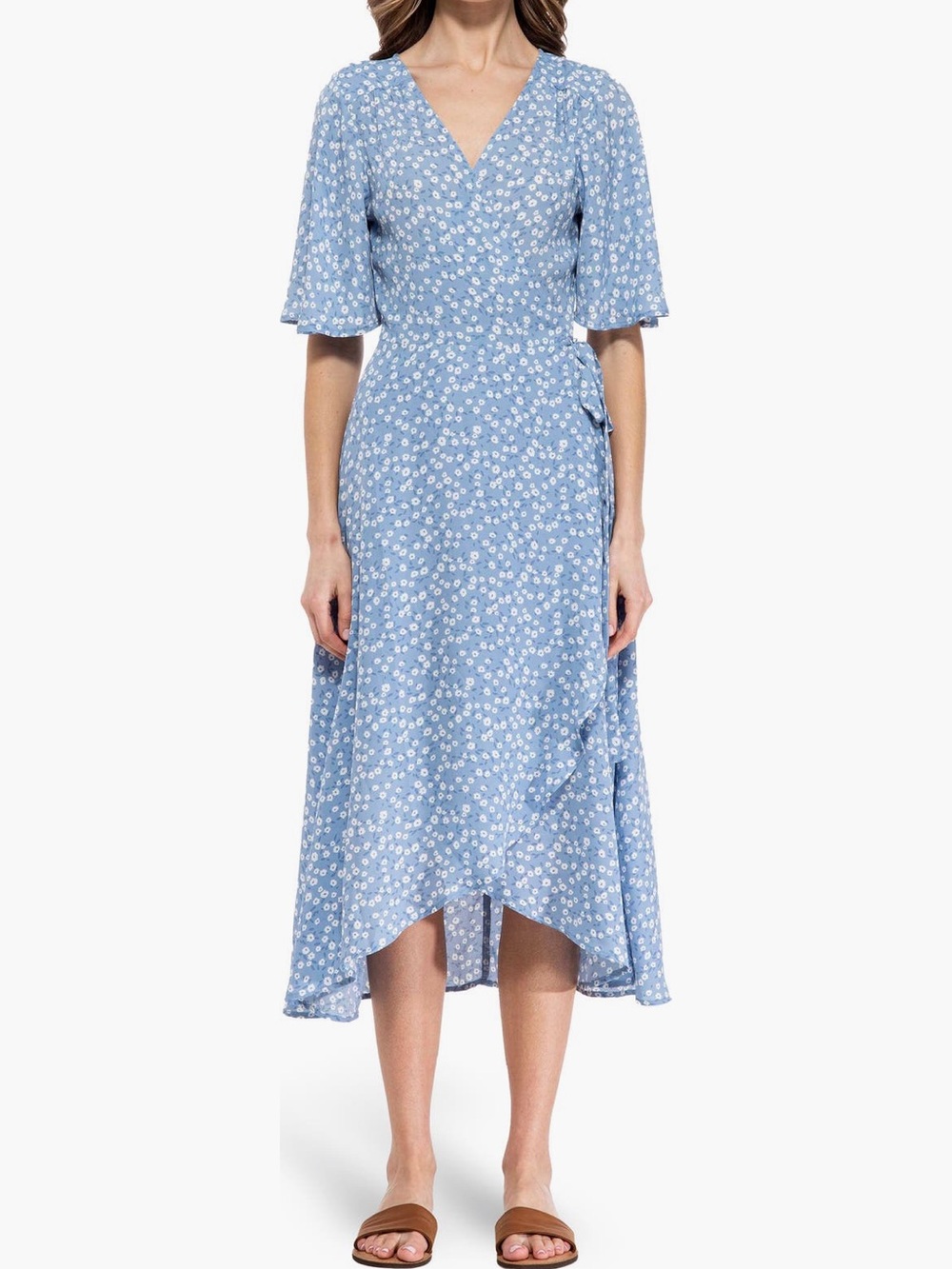 bobeau Blue Daisy Wrap Midi Dress